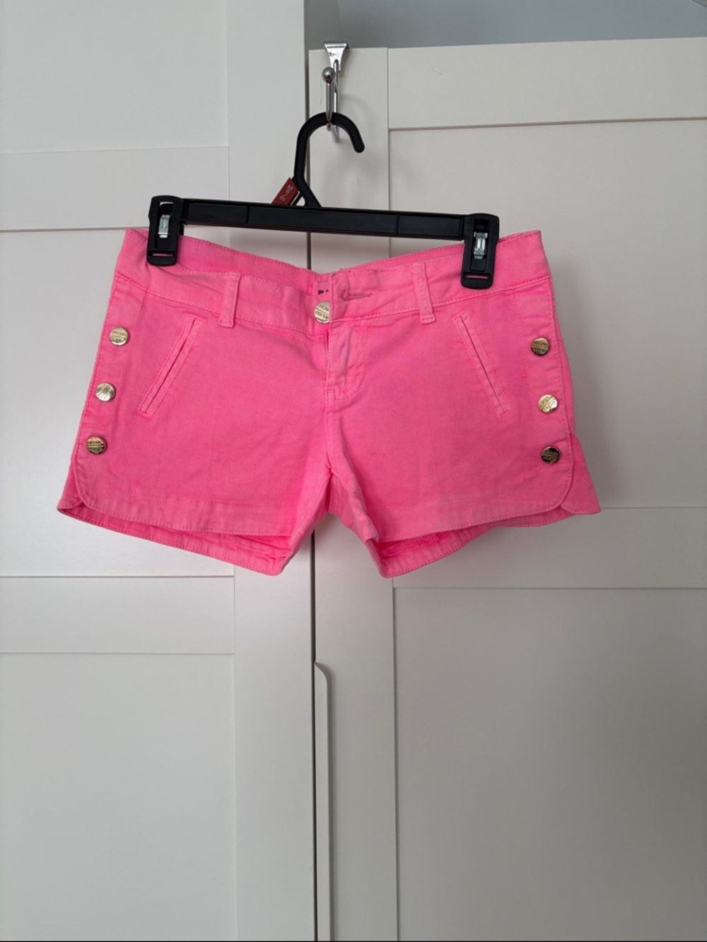 Black Orchid Neon Pink Button-Trim Jean Shorts